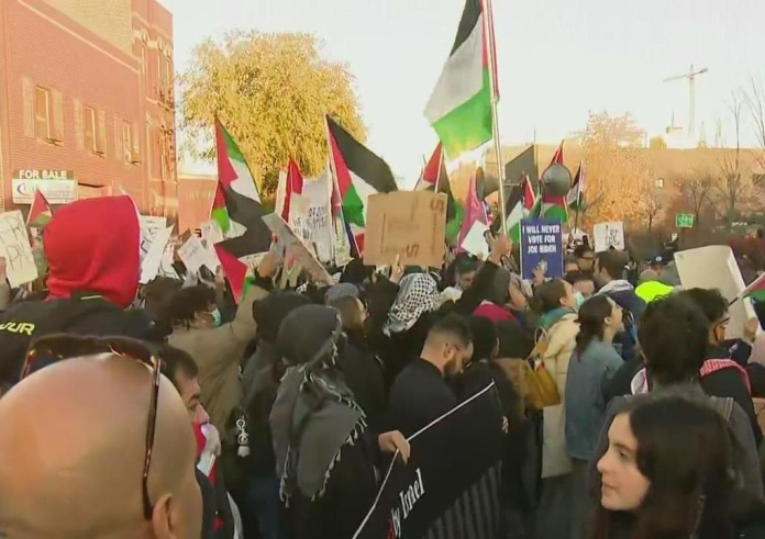 Pro-Palestinian demonstrators gather outside President Biden's Chicago fundraiser