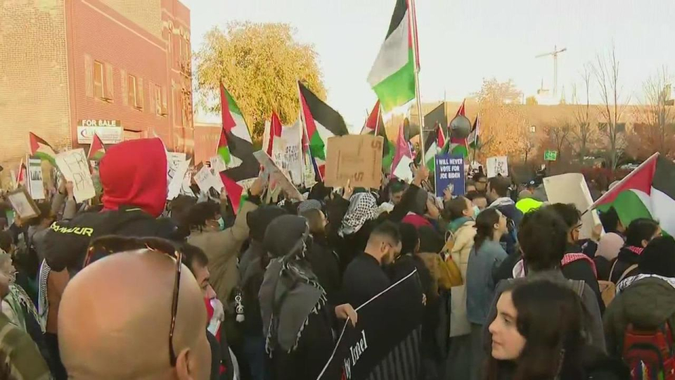 Pro-Palestinian demonstrators gather outside President Biden's Chicago fundraiser