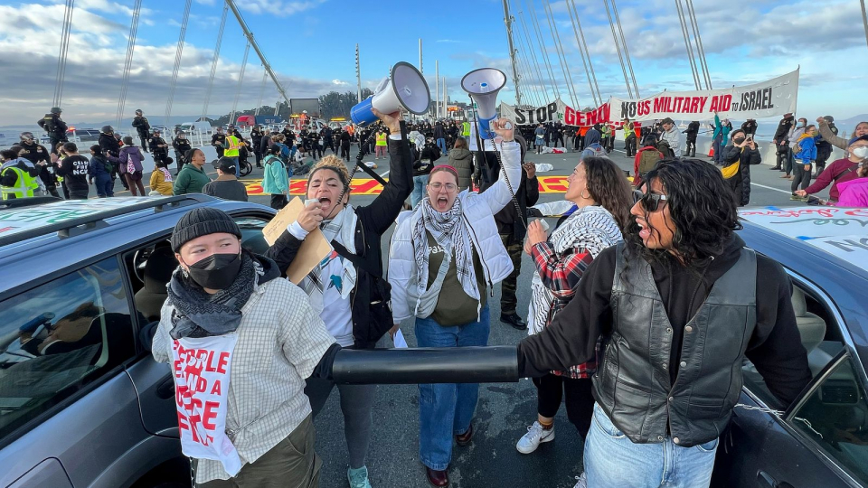 Pro-Palestine Protesters Block US Warship in San Francisco Harbor